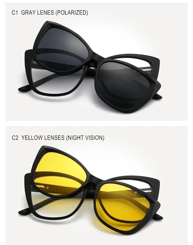 Stylish Cat Eye Prescription Glasses with Clip-On Sunglasses