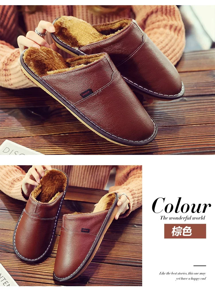 Couples Leather Plush Winter Slippers | Cozy Waterproof Shoes