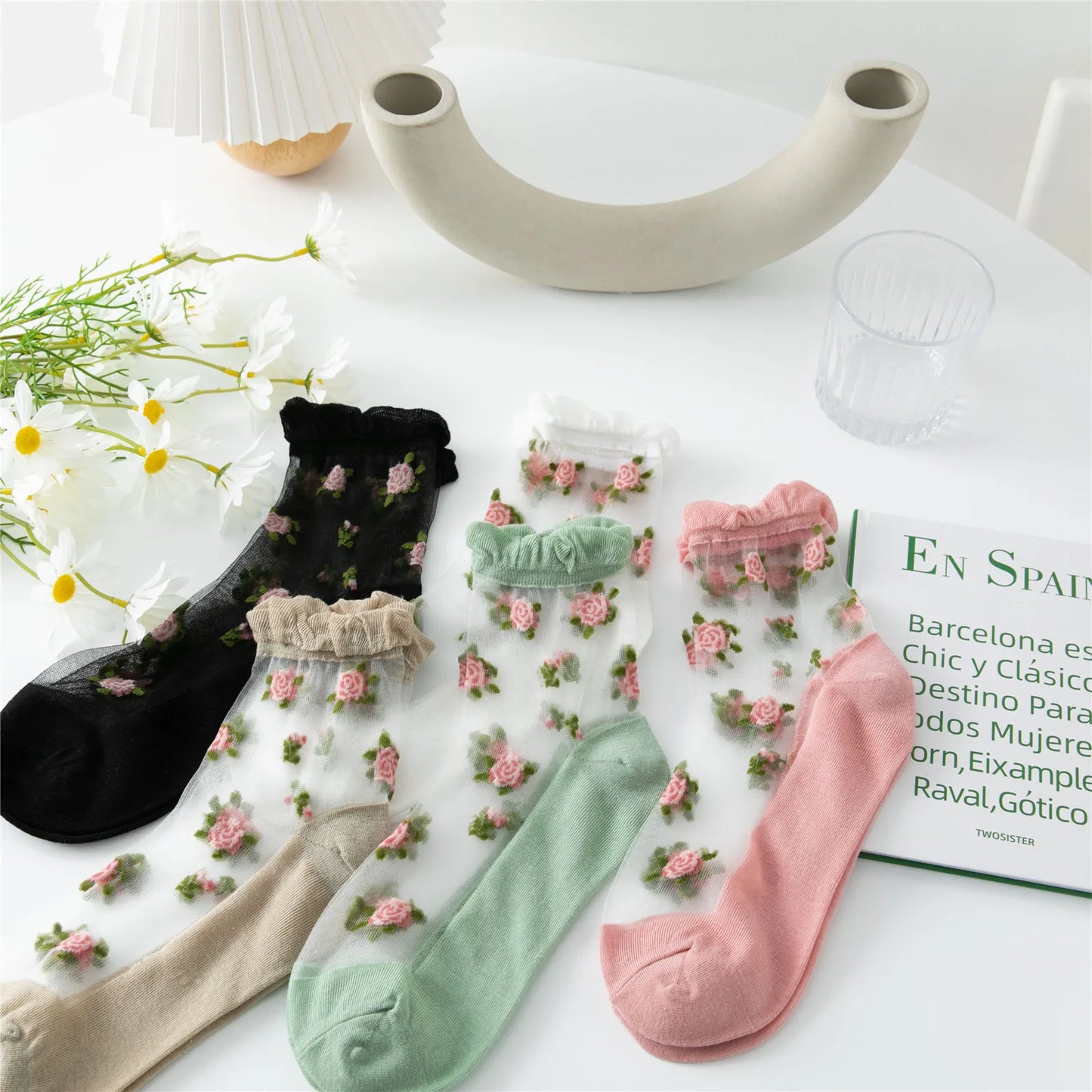 Women's Ultra-thin Lace Ruffle Socks | Vintage Rose Floral Style