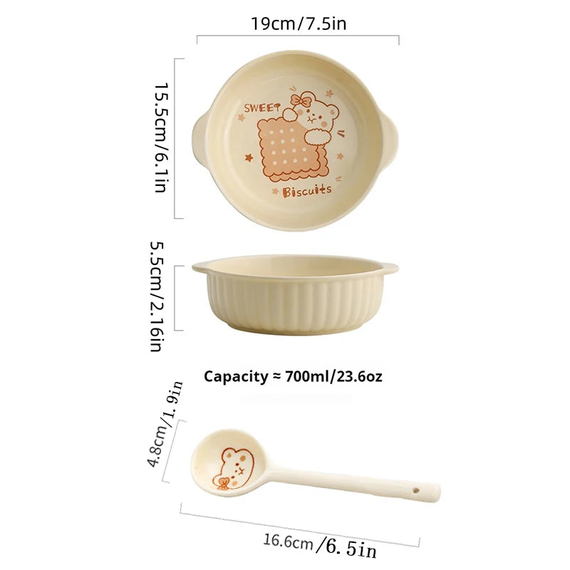Large-Capacity Ceramic Bowl Set with Handles & Spoon for Kitchen