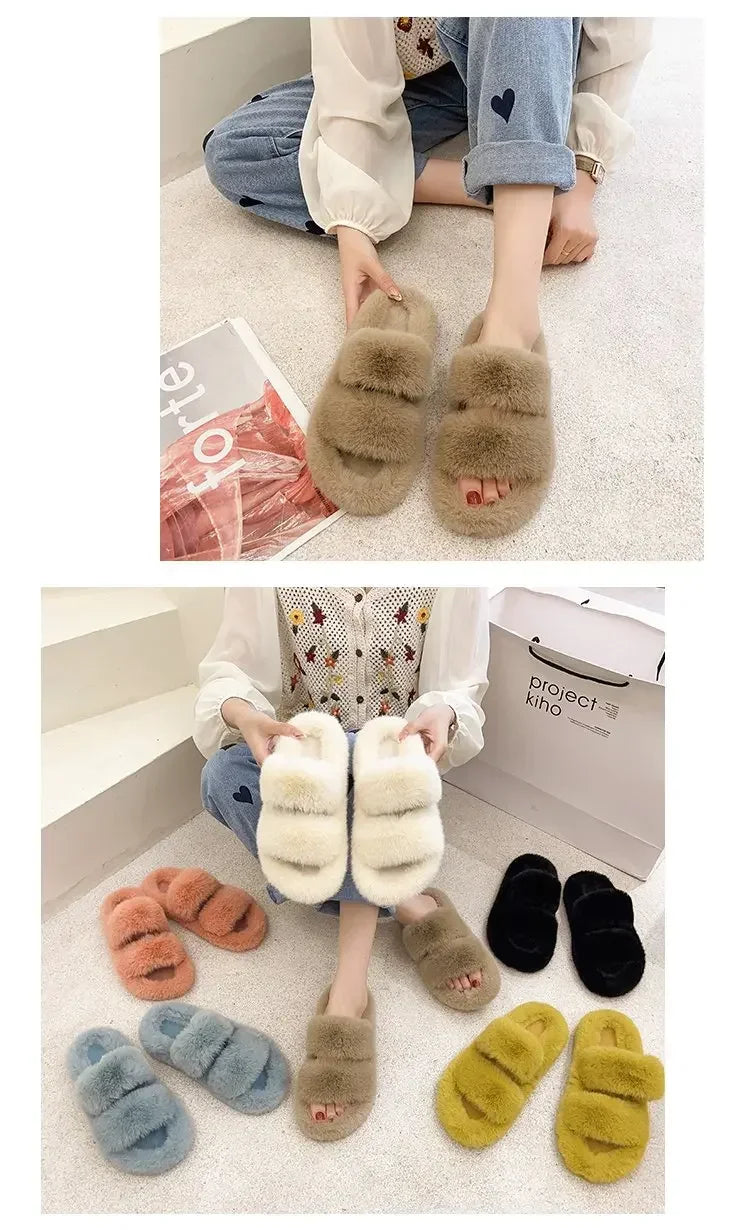 Cozy Double Fur Cross-Strap Plush Slippers | Warm Indoor Footwear