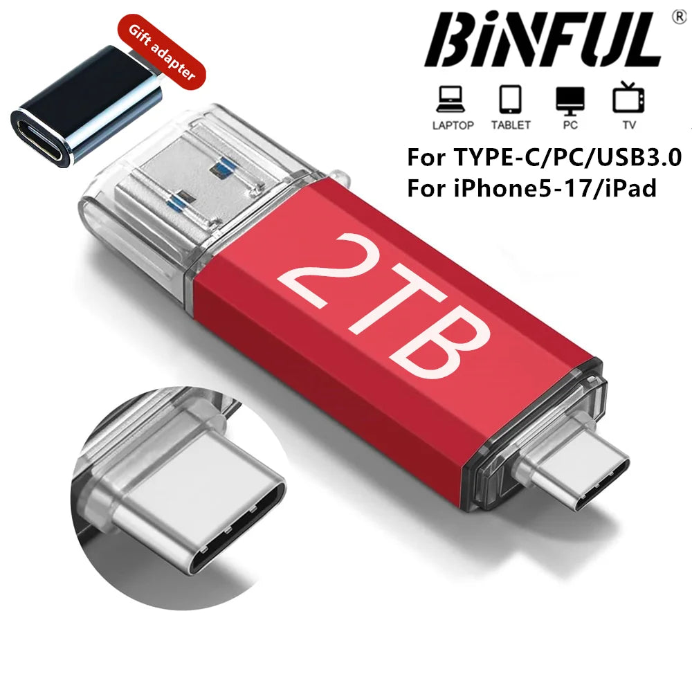 Red USB flash drive with Type-C connector and '2TB' label, featuring Binful branding.