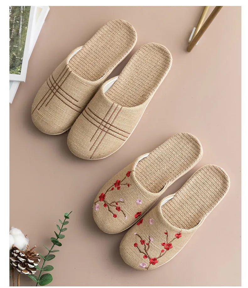 Cozy Indoor Embroidered Linen Slippers for Couples