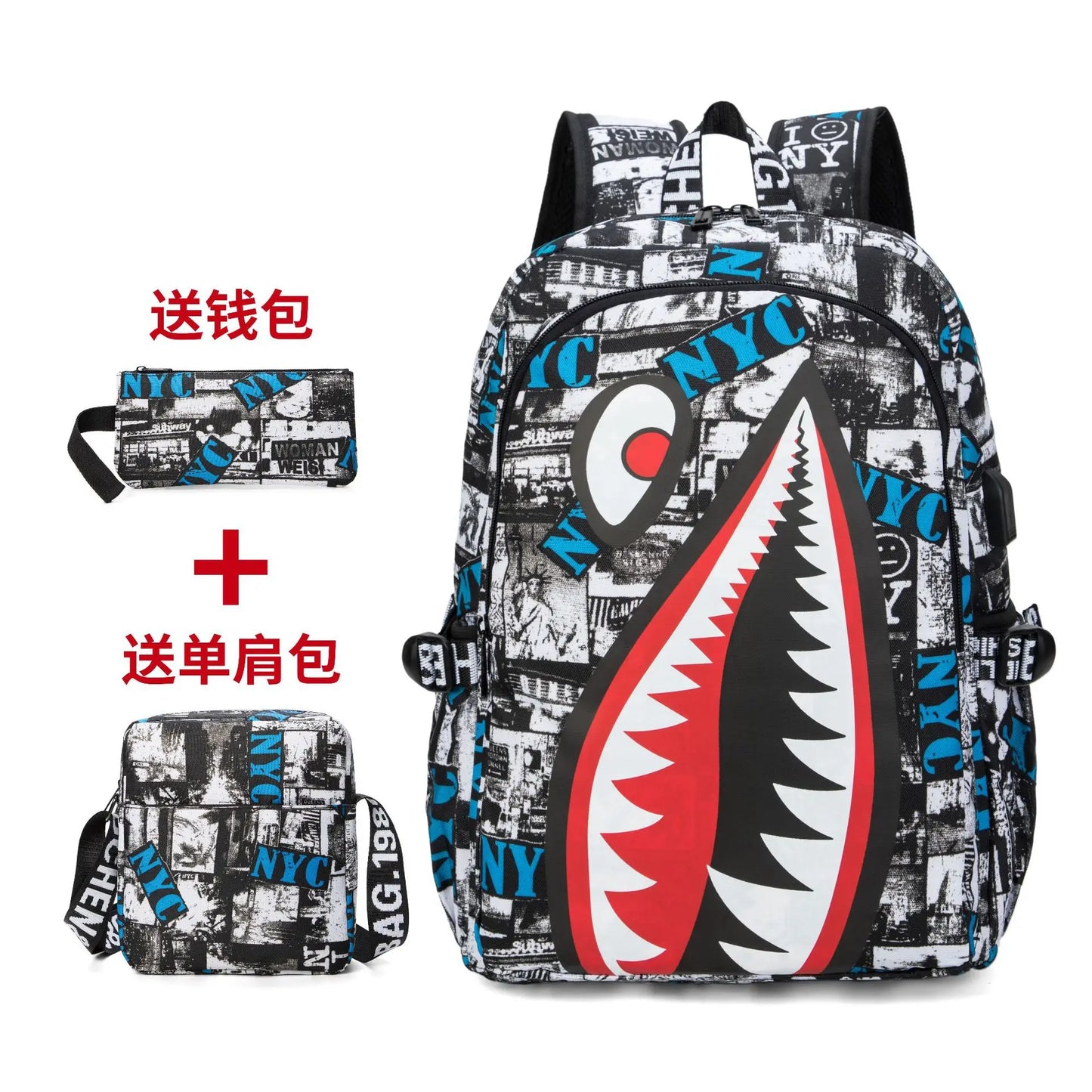 Cartoon Shark Print Backpack | Fun Rucksack for Kids