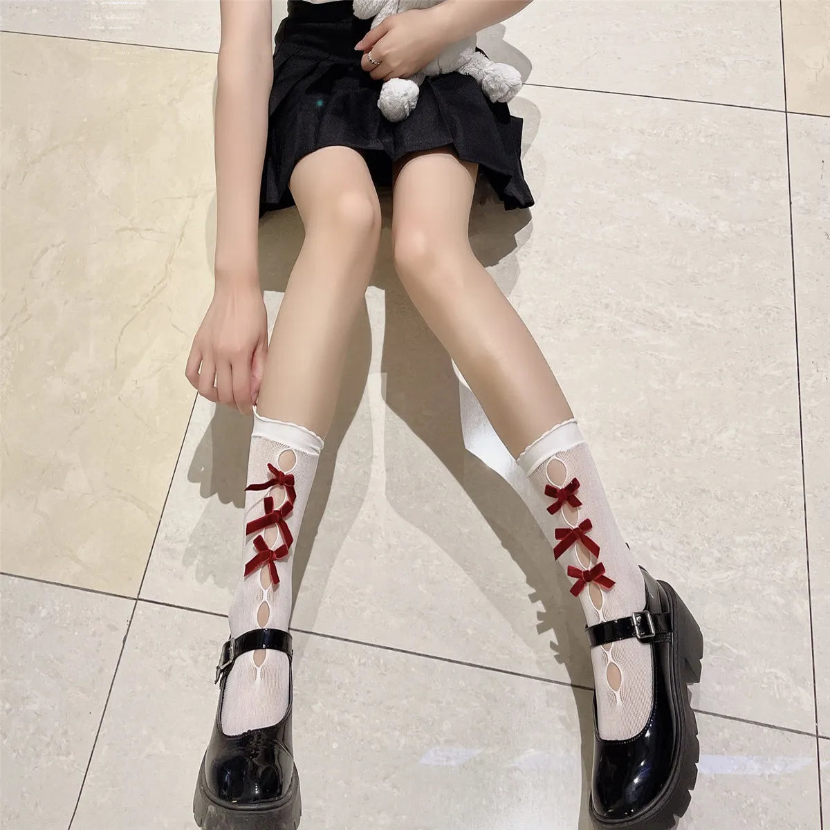 Kawaii Hollow Out Mesh Fishnet Socks | Cute Bow Long Stockings