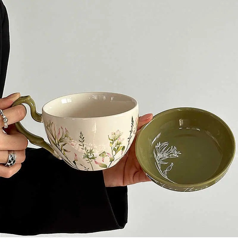 Large Capacity Ceramic Breakfast Cup with Lid | Rustic Coffee Mug Set