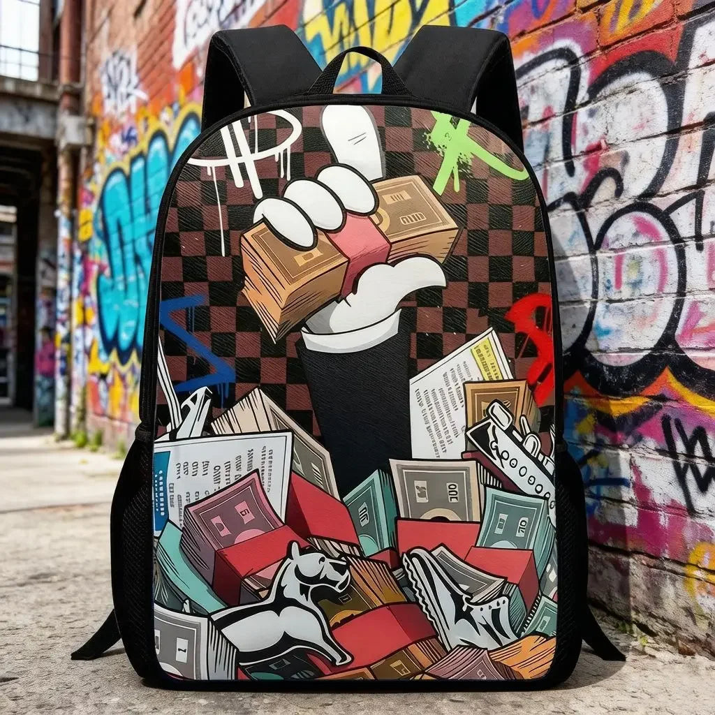Large Capacity PU Graffiti Backpack for Students and Travelers