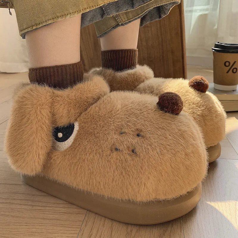 Women's Cute Cartoon Dog Plush Slippers | Fluffy Warm House Shoes