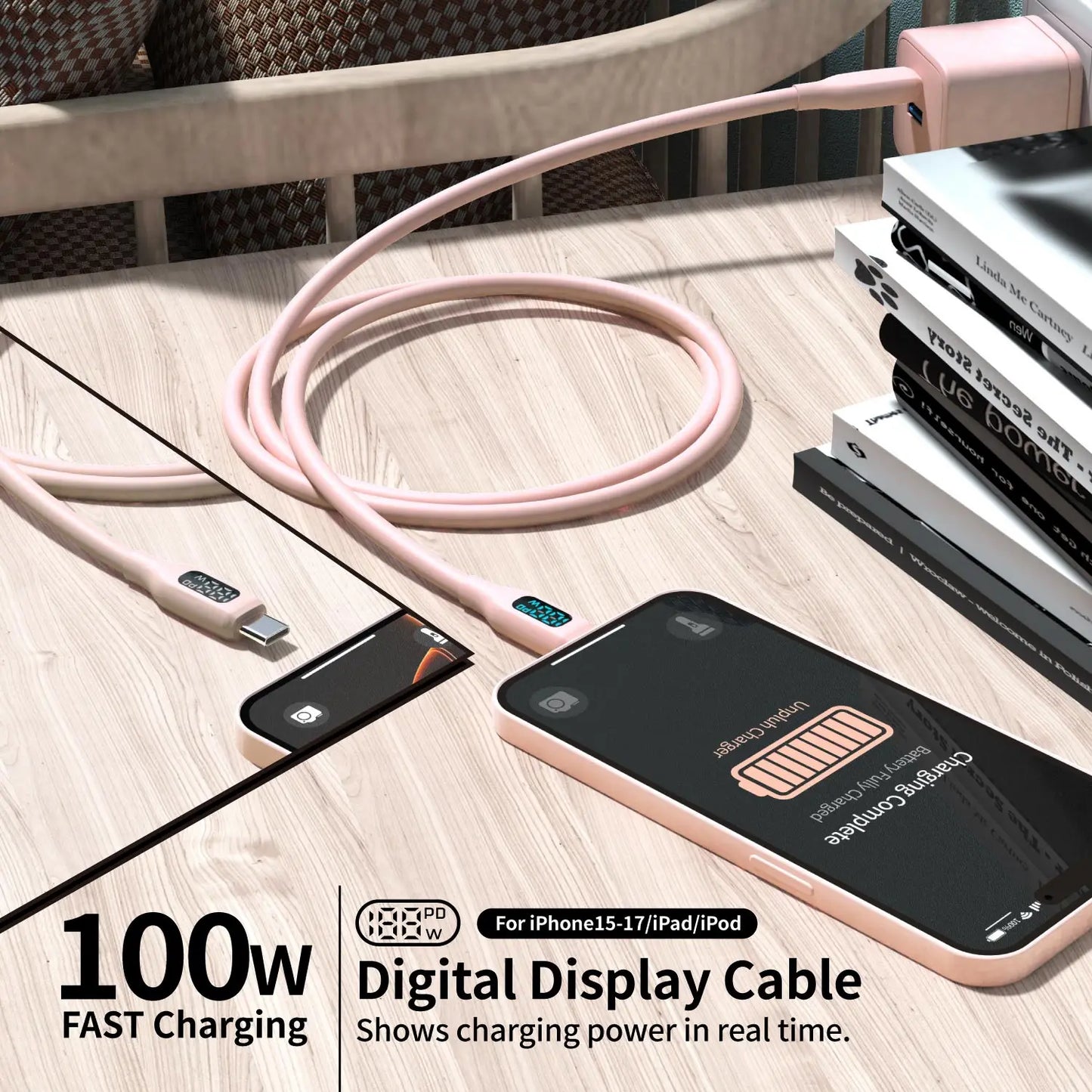 USB C Super Fast Charging Cable with Cute Pink LED Display