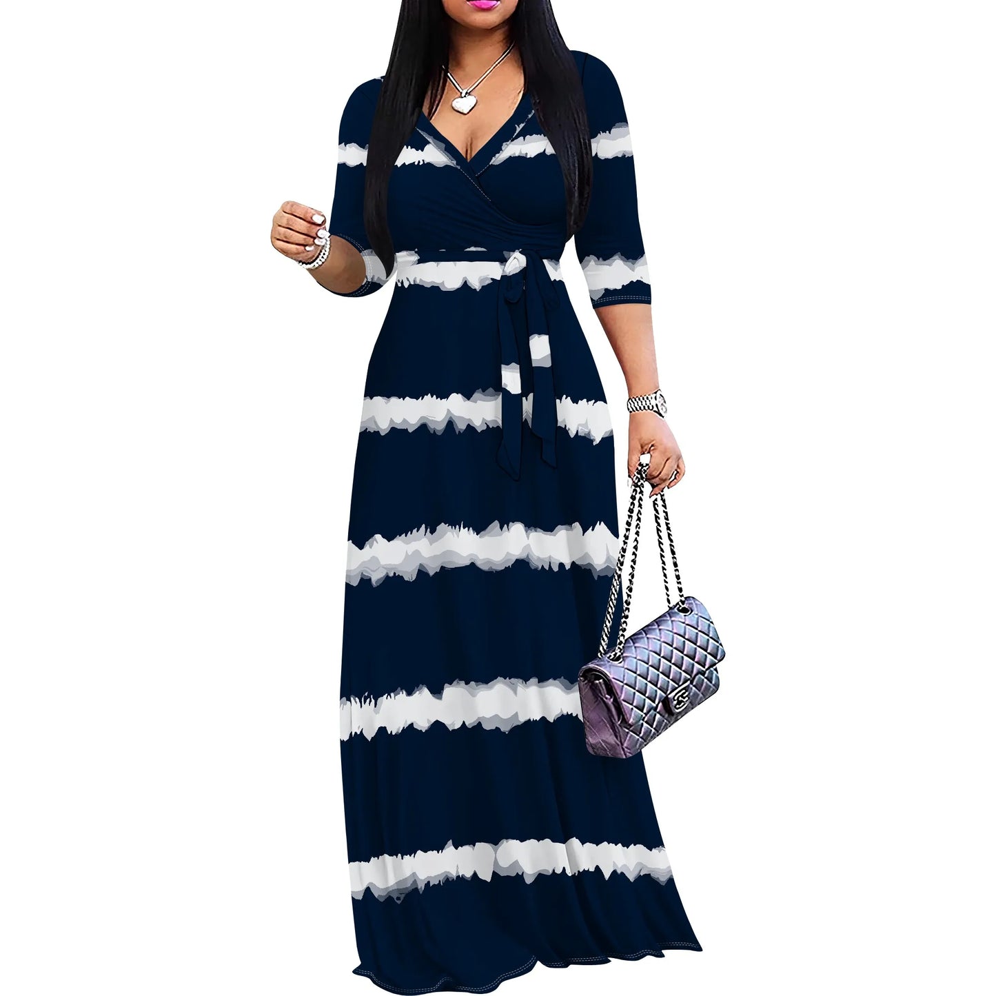Colorful Tie-Dye V-Neck 3/4 Sleeve Wrap Maxi Dress for Women