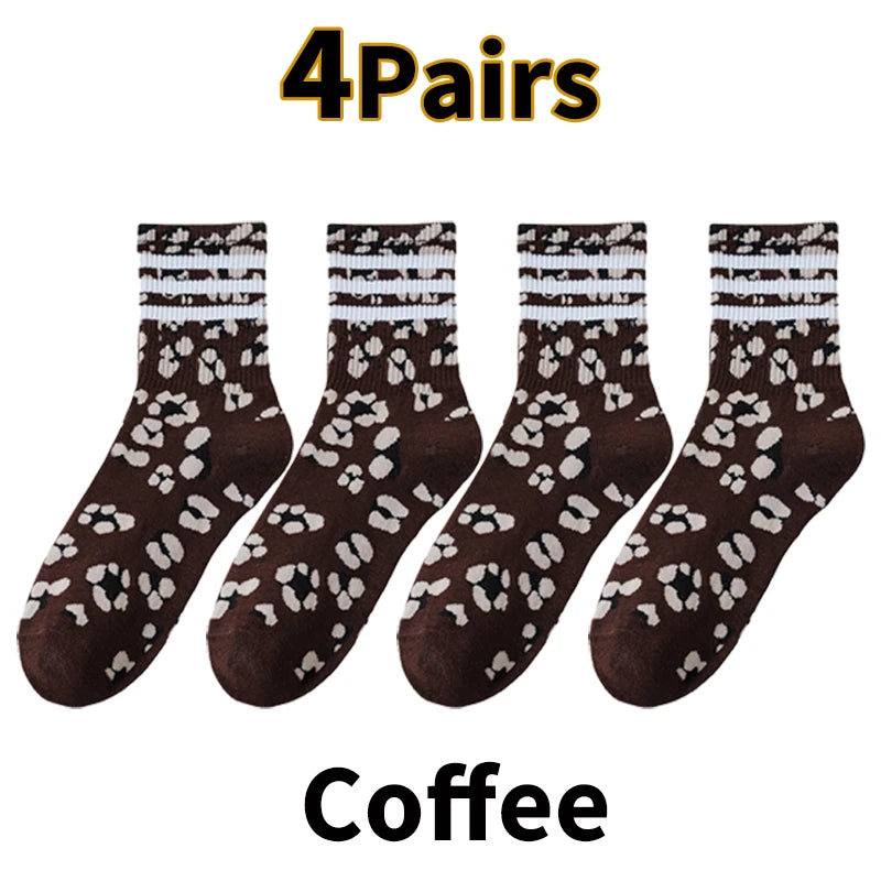 4 pares de calcetines deportivos de algodón con estampado de leopardo para mujer | Modernos y cómodos