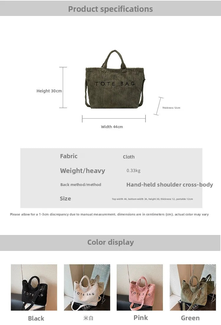 Bolso de mano de terciopelo a rayas de gran capacidad | Bolso tote elegante y versátil