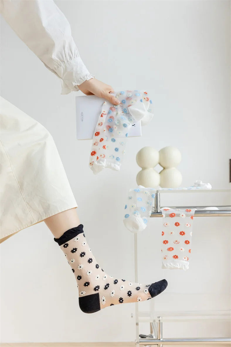 Floral Print Women's Socks | Thin Transparent Summer Socks