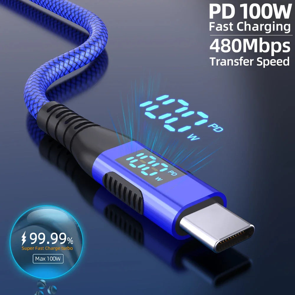 100W PD Fast Charging Type C to C Cable with LED Display