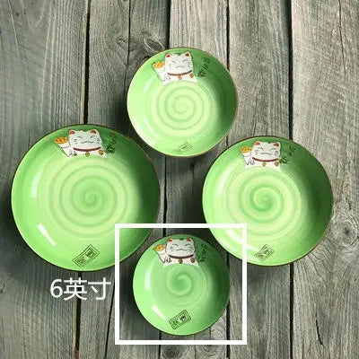 Multi-Color Cartoon Lucky Cat Round Ceramic Plate | Joyful Dining