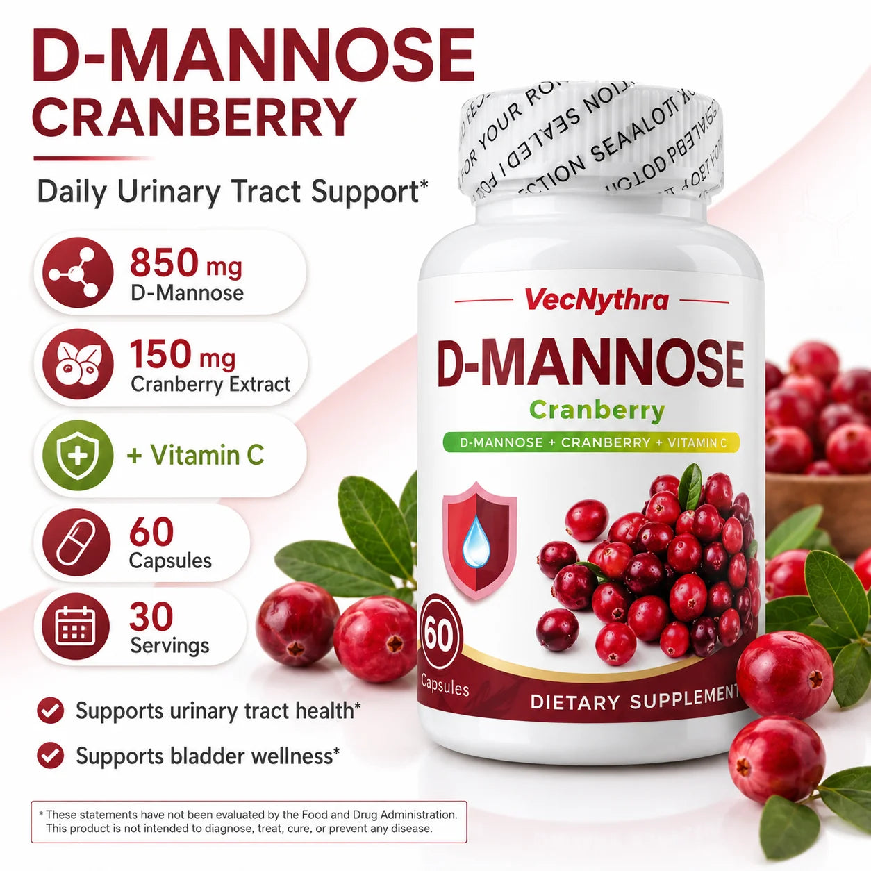 Cranberry D-Mannose Supplement with Vitamin C | 60 Capsules