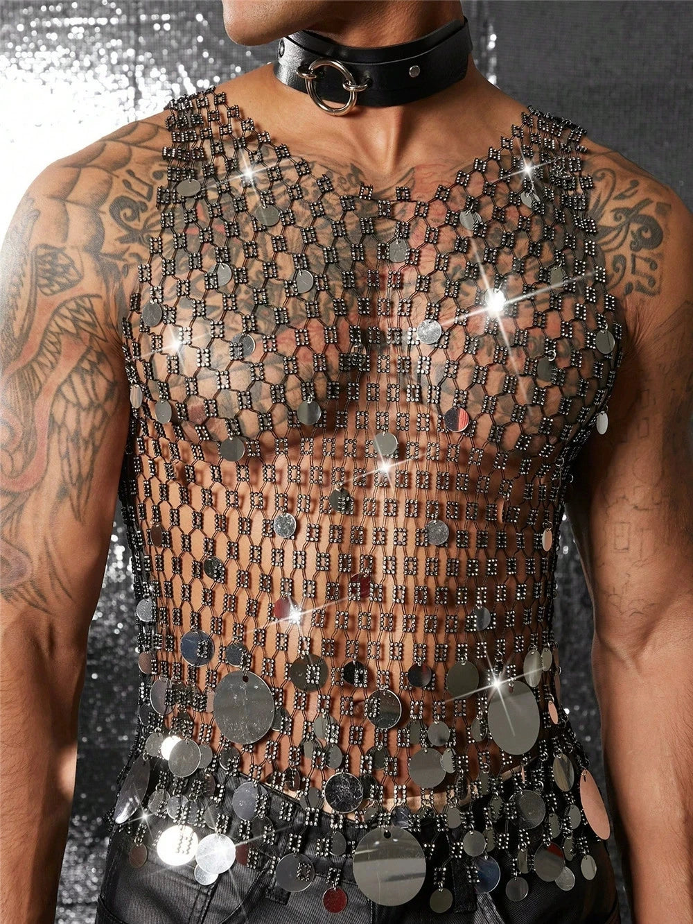 Shiny Rhinestone Fishnet Tank Top for Men | Perfect Party Wear