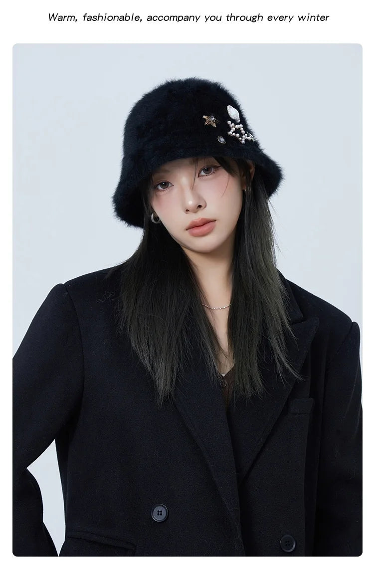 Oversized Rhinestone Rabbit Fur Bucket Hat | Stylish Warm Winter Cap