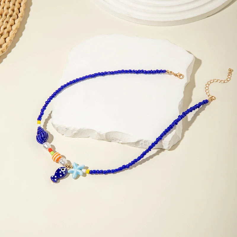 Y2K Boho Acrylic Ceramic Fish Starfish Mushroom Pendant Colorful Bead Choker Necklace For Women Beach Ocean Jewelry Accessories