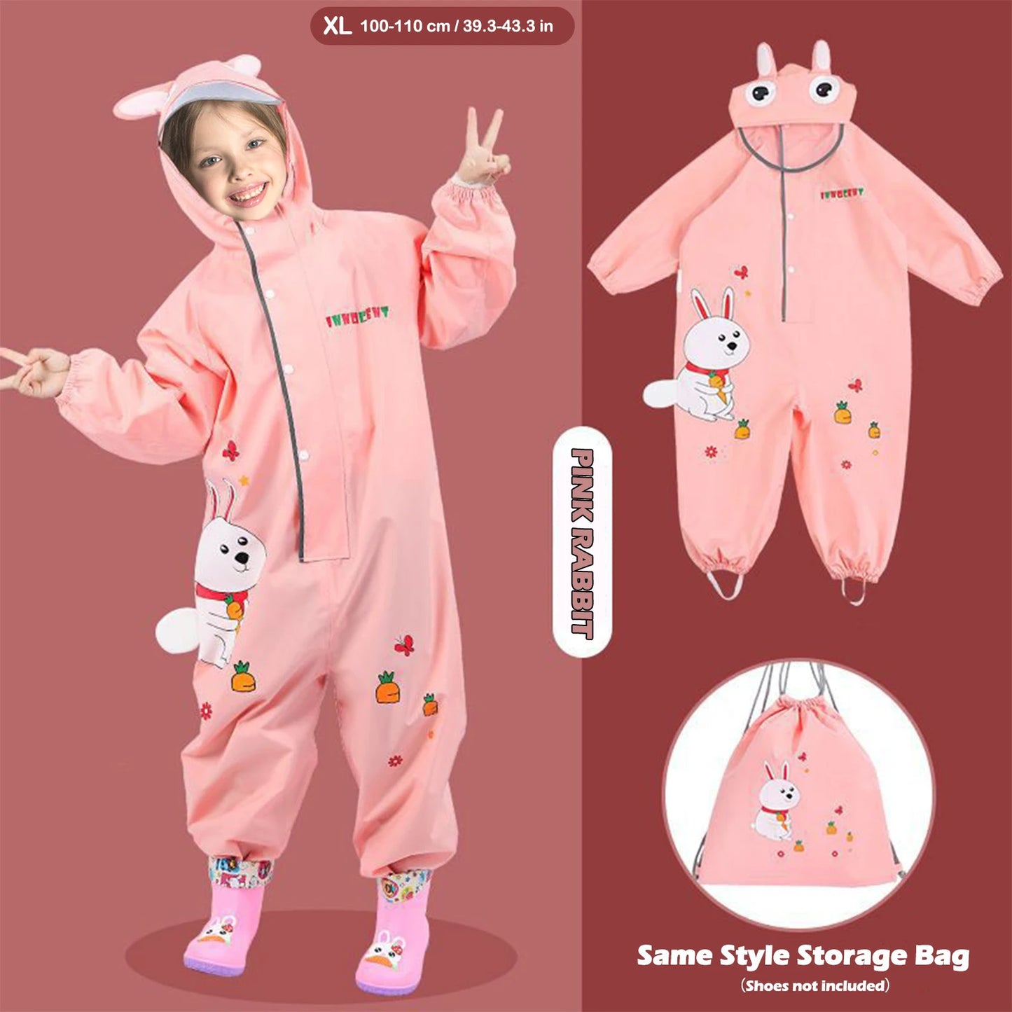 Cute Colorful Rabbit & Dinosaur Kids Raincoat | Waterproof One-Piece