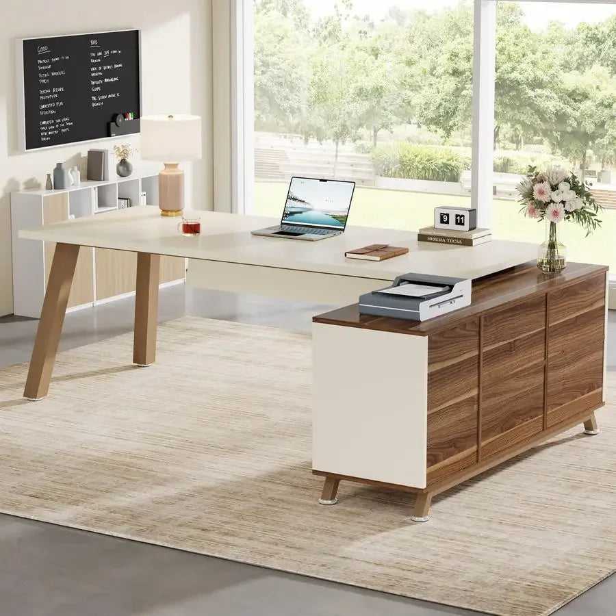 Spacious L-Shaped Executive Desk with Cabinet & Storage Shelves