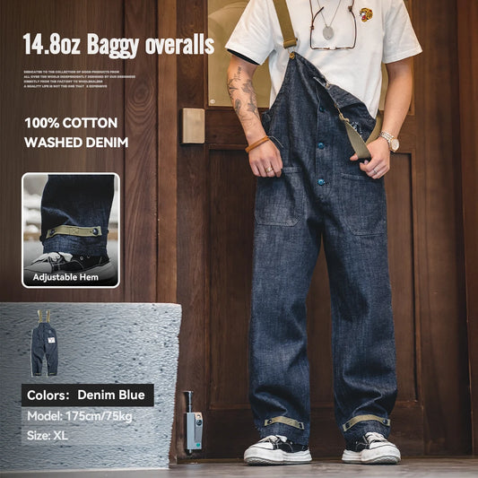 Pantalones de mezclilla vintage para hombre con tirantes | Jeans rectos de mezclilla elegantes
