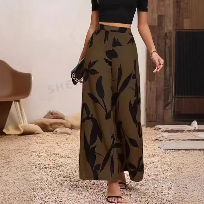Women's Leaf Print Wide-Legged Casual Pants | Stylish Loose Fit Trousers