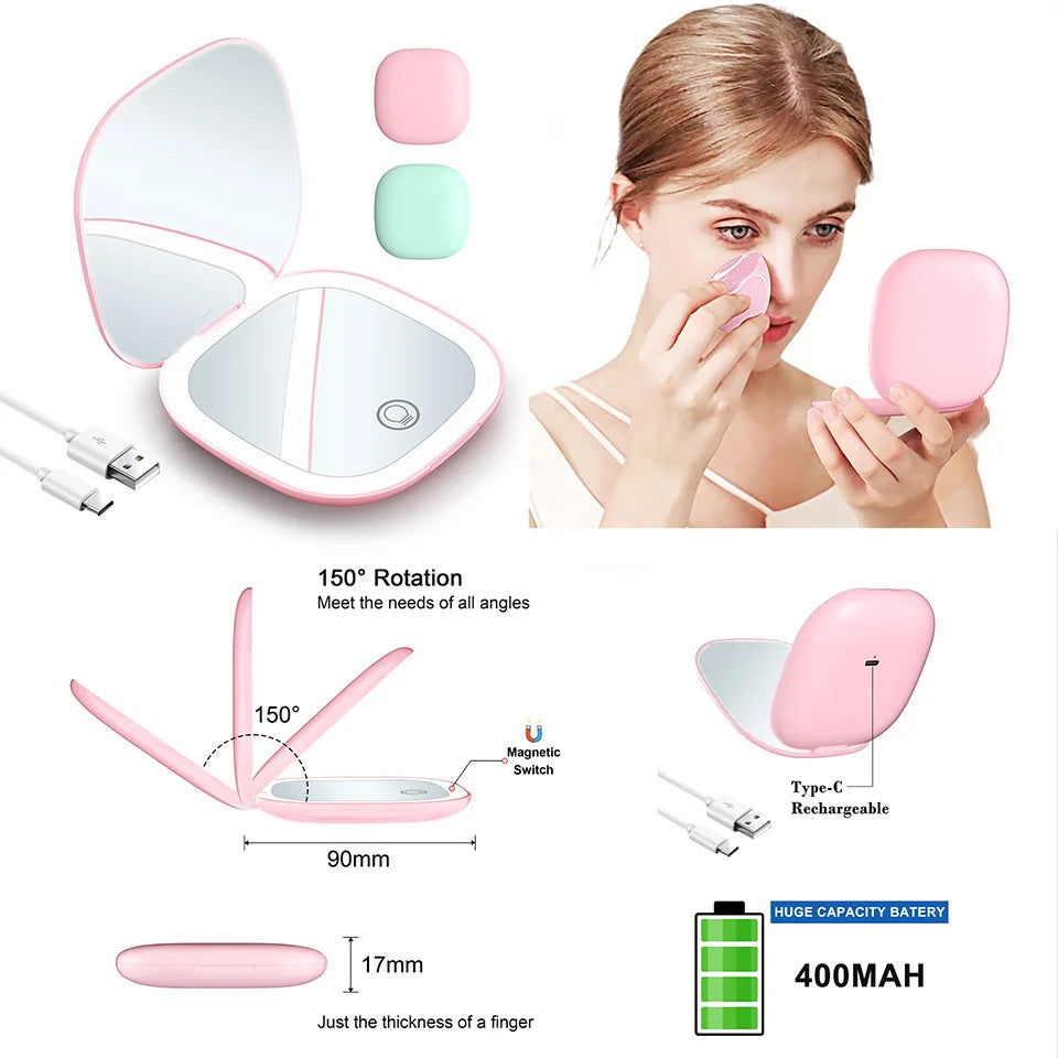Portable Compact LED Makeup Mirror with 5x/10x Magnification