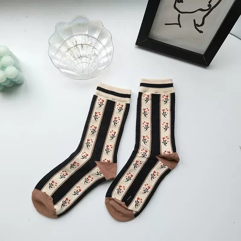 Cute Pink Flower Embroidery Socks for Women | Kawaii Retro Style