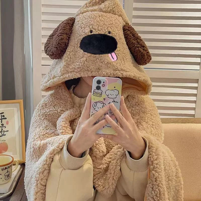 Cartoon Puppy Plush Blanket Toy – Warm Cozy Dog Hat Blanket, Soft Stuffed Plush with PP Cotton, Big Size 110×110cm, Cute Winter Office Companion, Birthday & Christmas Gift