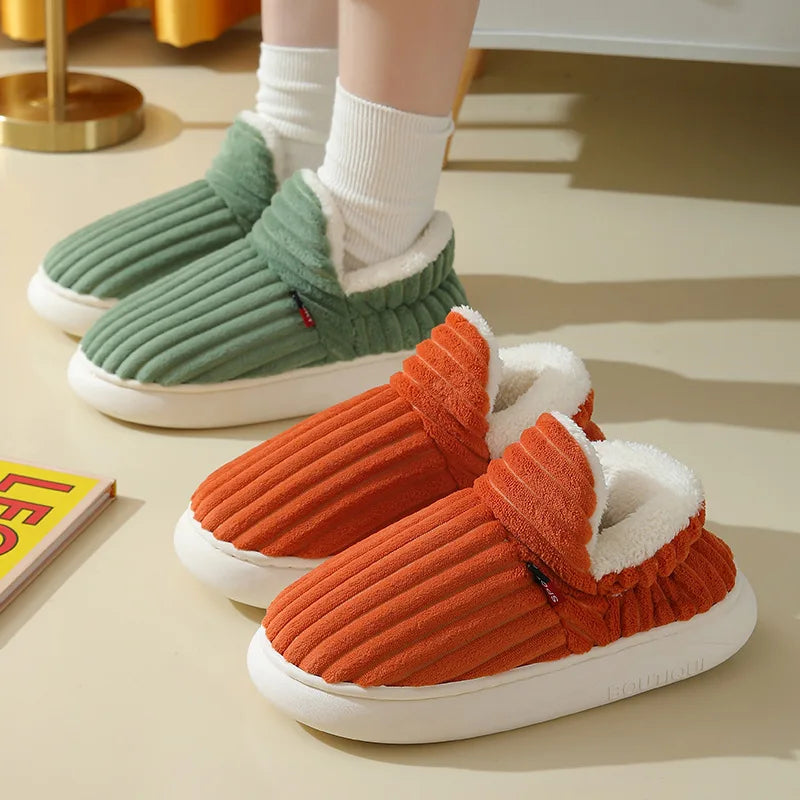 Cozy Winter Plush Corduroy Slippers | Non-Slip Indoor Shoes