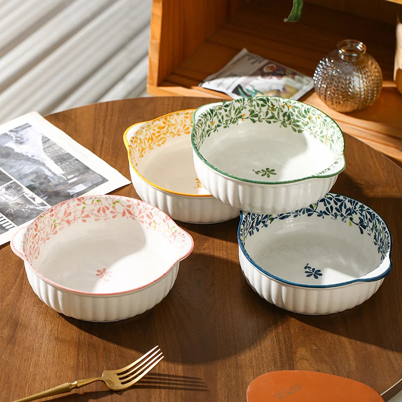 Ceramic Bowl Plate Set | Double Ear Floral Dinnerware