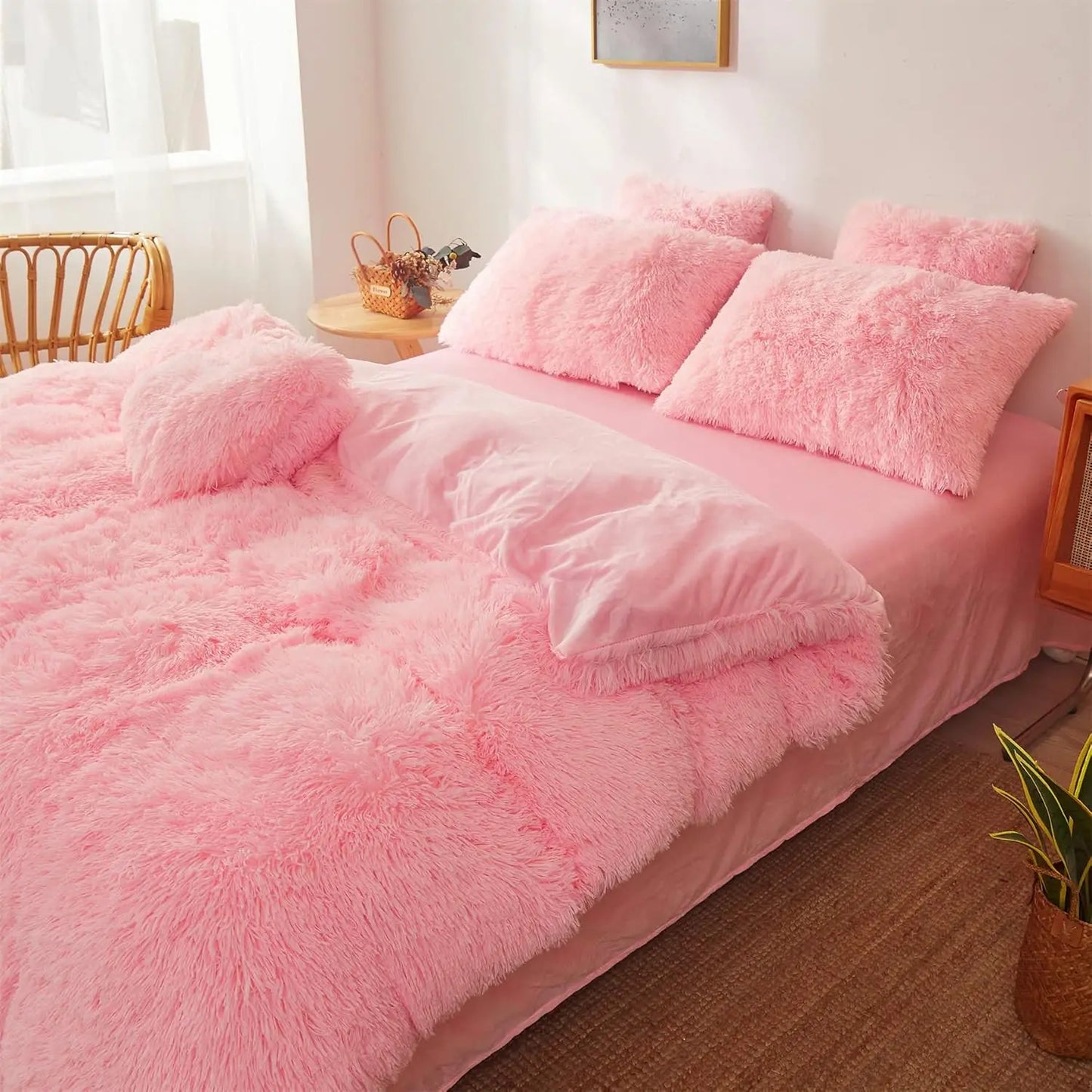 Pink Faux Fur Queen Comforter Set | Luxe Ultra Soft Bedding