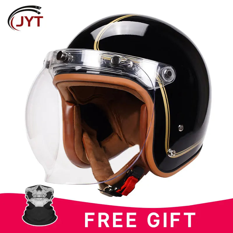 3/4 Open Face Retro Motorcycle Helmet with Bubble Visor - DOT Approved