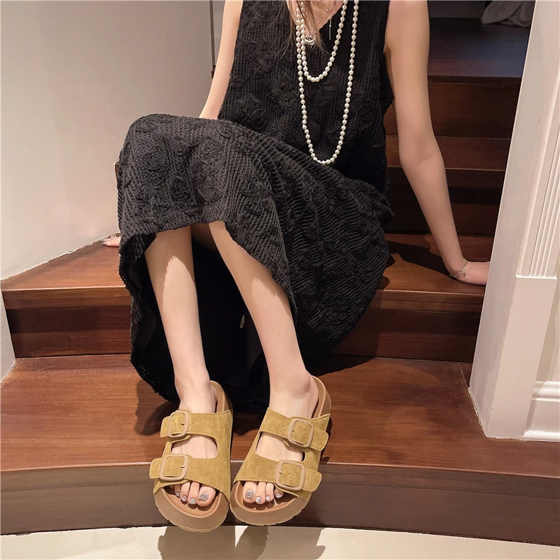 Comfortable Summer Women Slippers with Retro Buckle Design