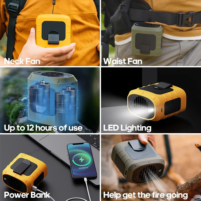 8000mAh Outdoor Waist Fan | Portable Bladeless Neck Fan with Lights