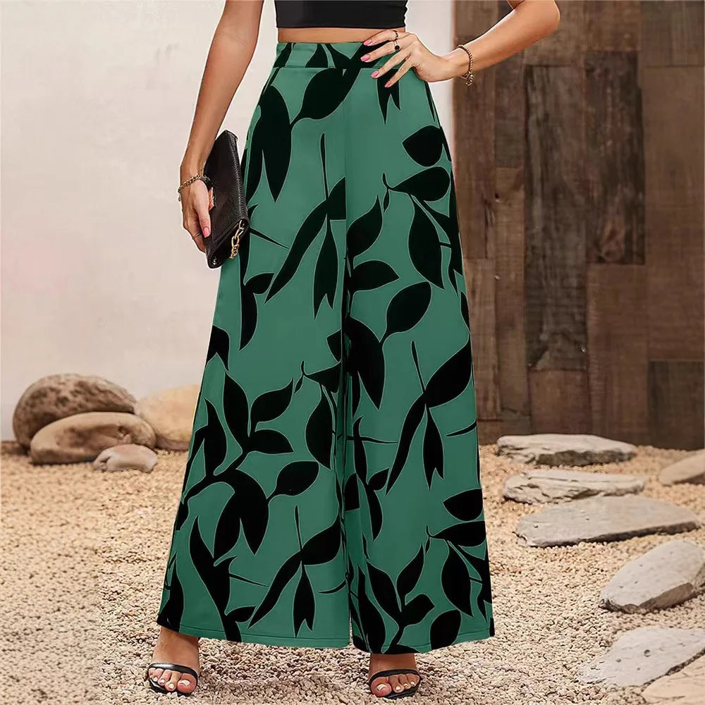 Women's Leaf Print Wide-Legged Casual Pants | Stylish Loose Fit Trousers
