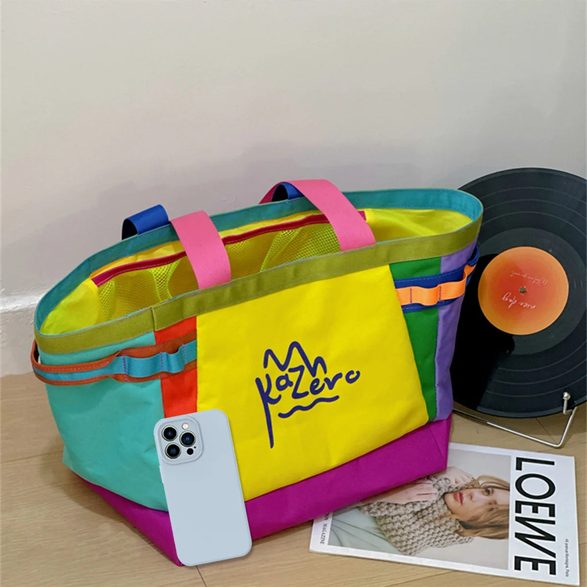 Dopamine Sporty Women Tote Bag Colorblock Logo Shoulder Bag Layered Large Capacity Multi Function Handbag for Commute Sports