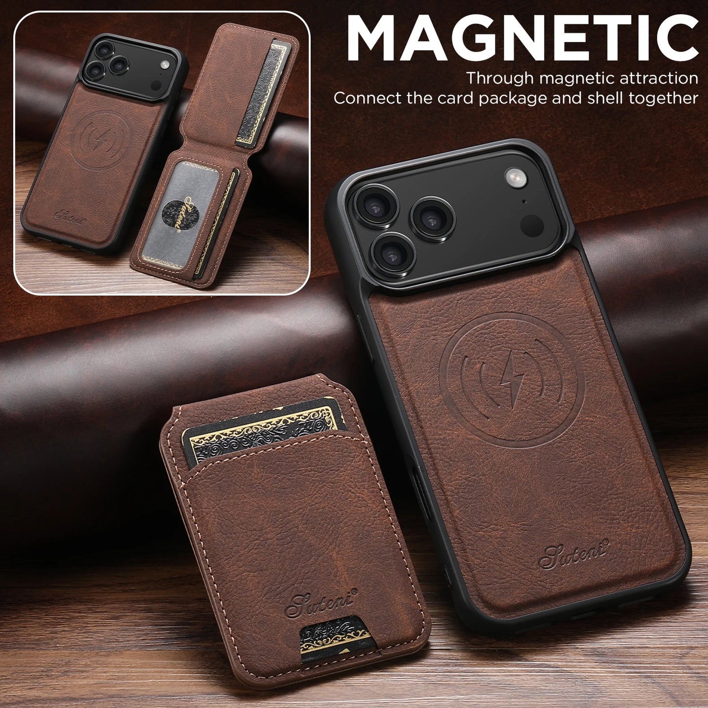 SUTENI Wireless Charging Phone Case Magnet Card Holder Stand Faux Leather For iPhone 17 Pro Max 16 Plus 15 14 13 12