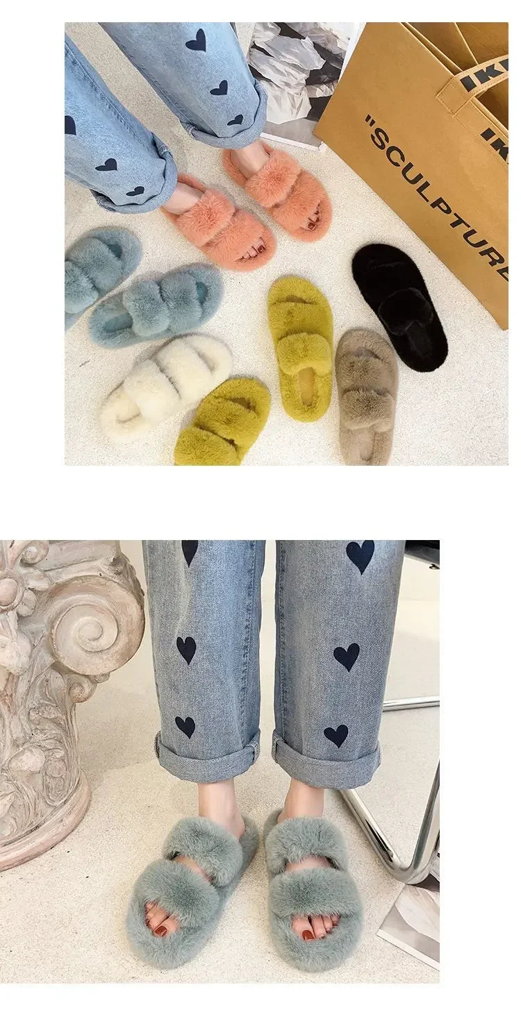 Cozy Double Fur Cross-Strap Plush Slippers | Warm Indoor Footwear