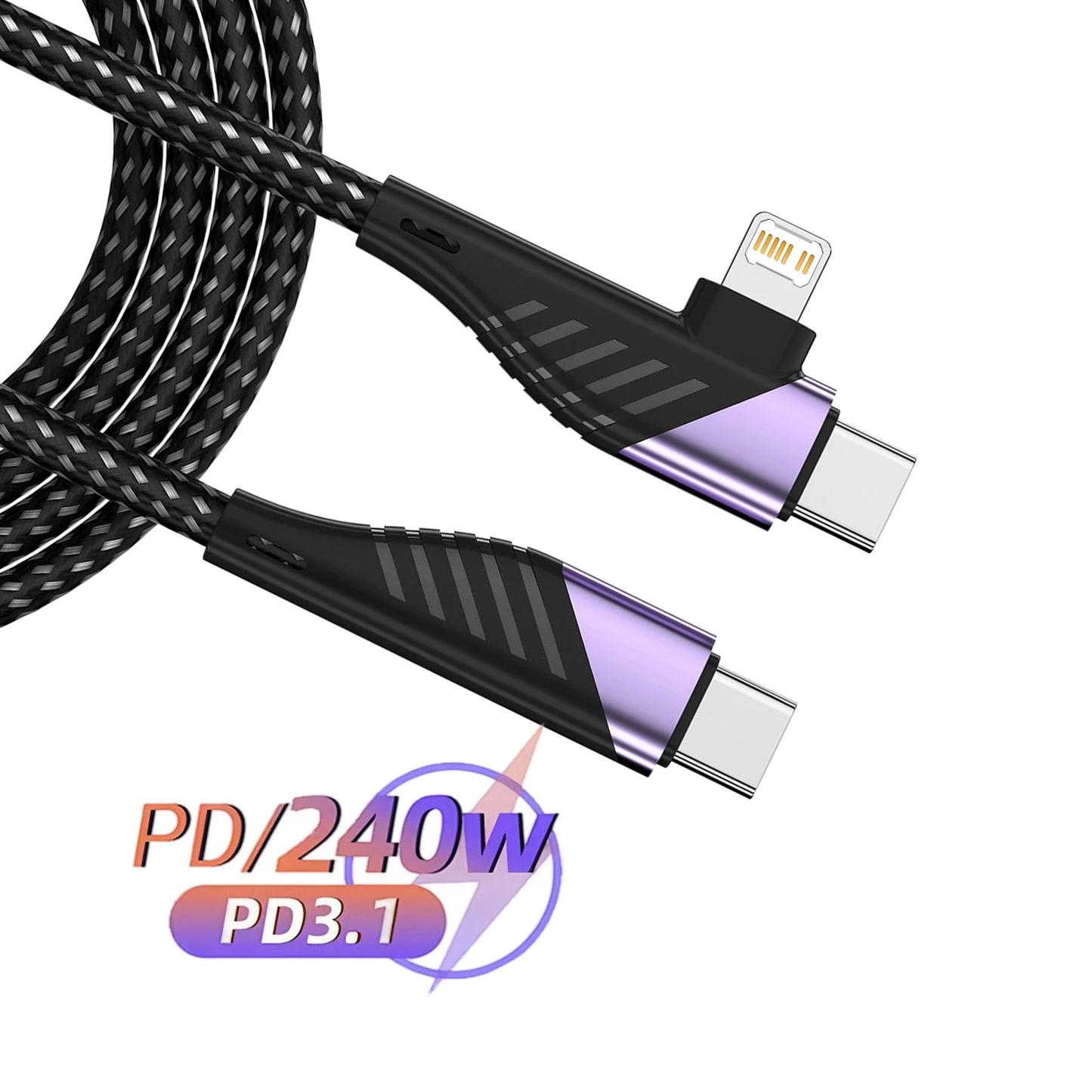 240W PD 2 in 1 Type-C Cable 90 Degree Angle Type C/Lightning Fast Charging Cable For iPhone 16 15 14Pro Max iPad Xiaomi Huawei