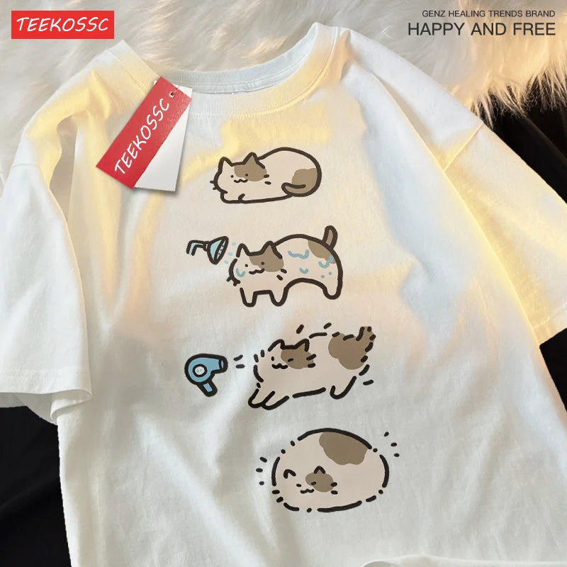 Cute Cartoon Cat Short Sleeve T-Shirt | Summer Casual Unisex Tee