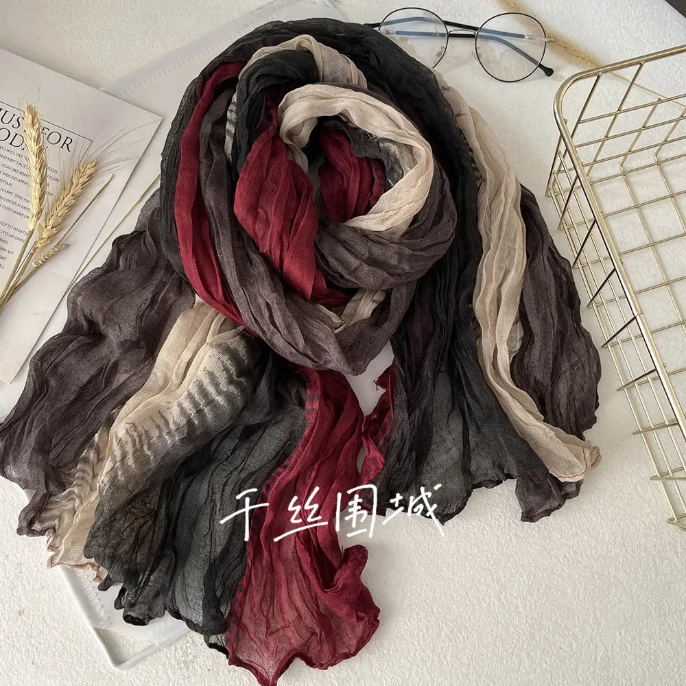 Elegant Women's Long Cotton Hemp Gradient Scarf for Winter Fashion