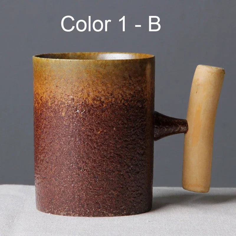 Vintage Ceramic Tea Cup Set with Wooden Handle | Elegant Drinkware