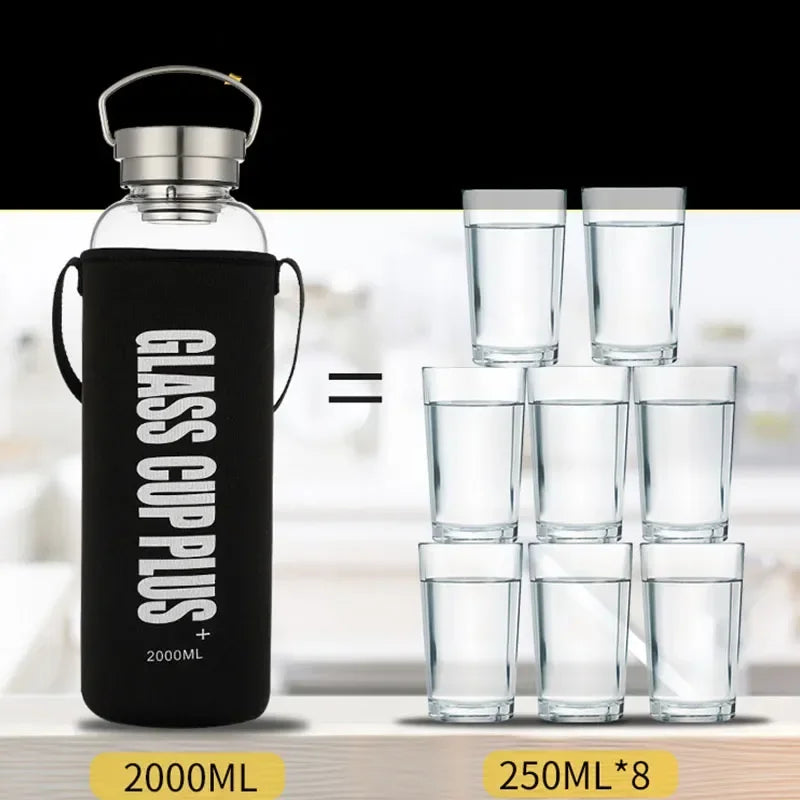 2L Glass Water Bottle with Strap | Portable Leakproof Drinkware
