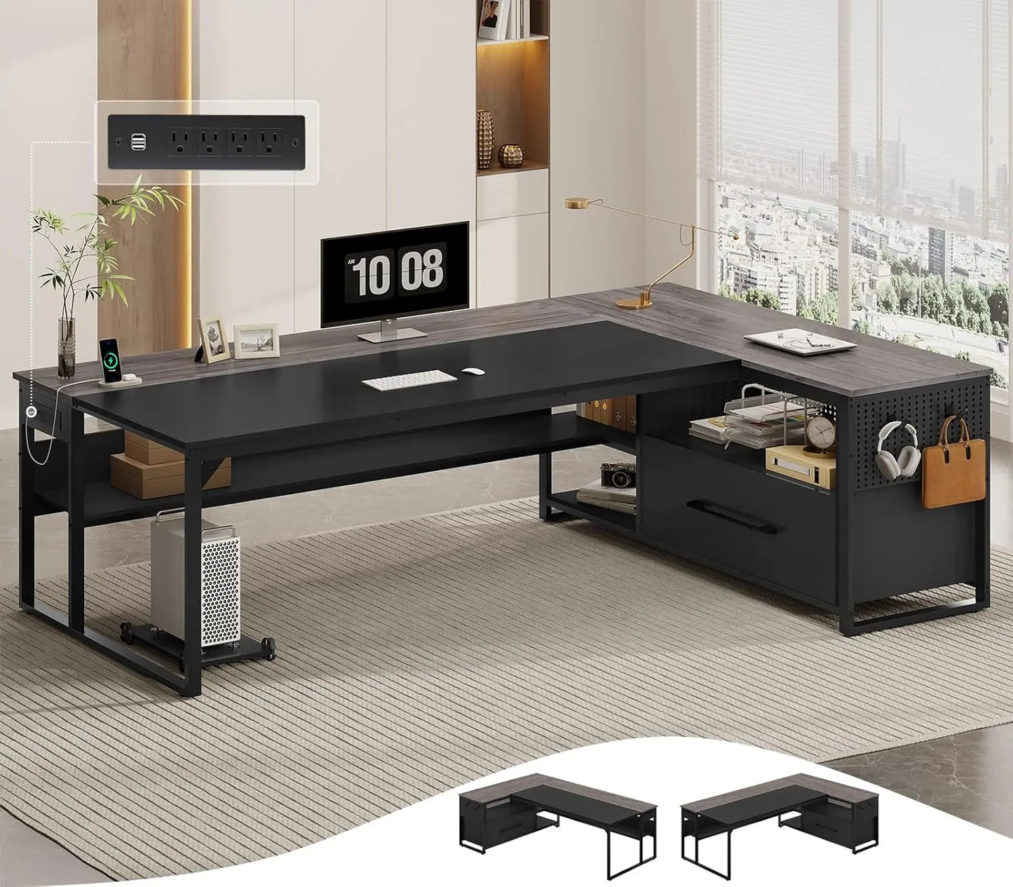 71" L-Shaped Executive Desk | Spacious Office Workstation with Outlets