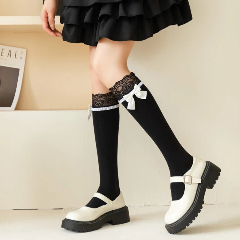 Elegant Japanese Lolita Mid-Tube Socks | Bow & Lace Design