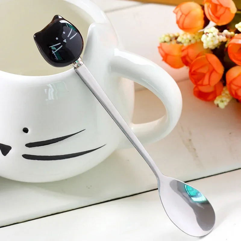 Cute Cartoon Cat Ceramic Coffee Mug with Spoon | Perfect Gift