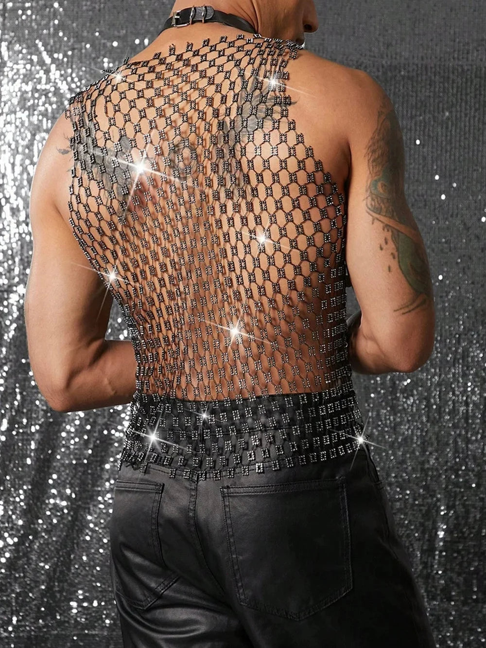 Shiny Rhinestone Fishnet Tank Top for Men | Perfect Party Wear