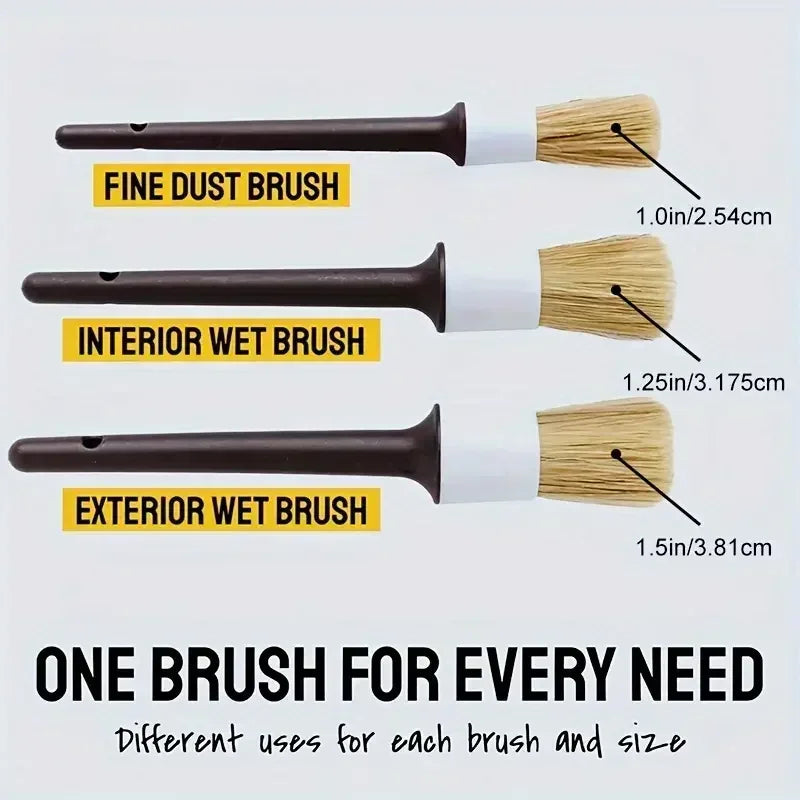 3PCS Car Detailing Brushes Set | Boar Hair Bristle Cleaning Tools